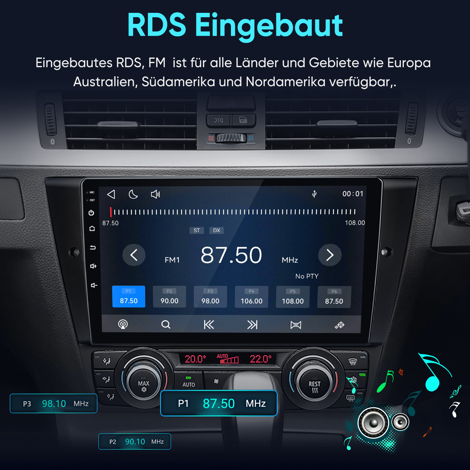 Autoradio mit Touchscreen und FM-Radio-Anzeige im Armaturenbrett eines Autos.