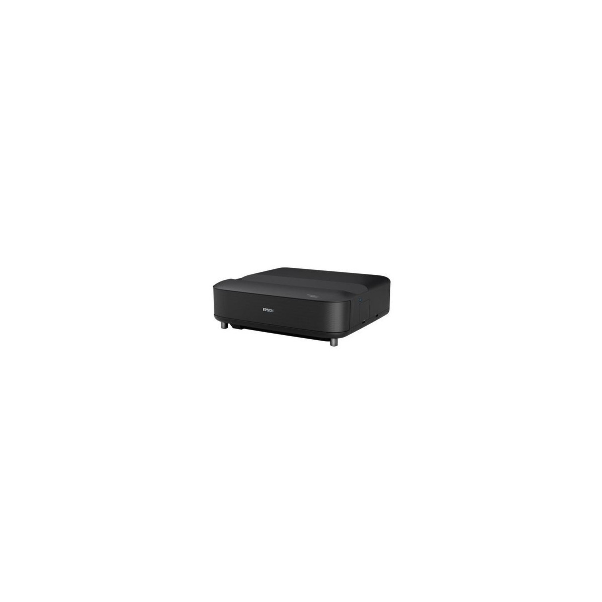 Un proyector Epson negro sobre una superficie blanca con fondo blanco.