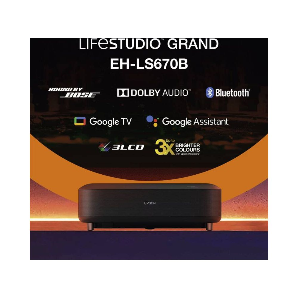 Proyector Epson EH-LS670B con logotipos de Bose, Dolby Audio, Bluetooth, Google TV y Google Assistant.