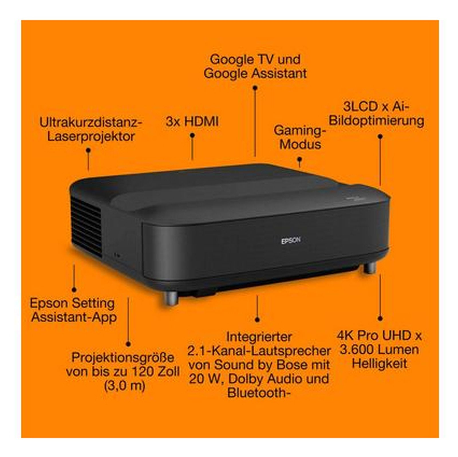 Proyector láser de tiro ultra corto Epson negro sobre fondo naranja con características.