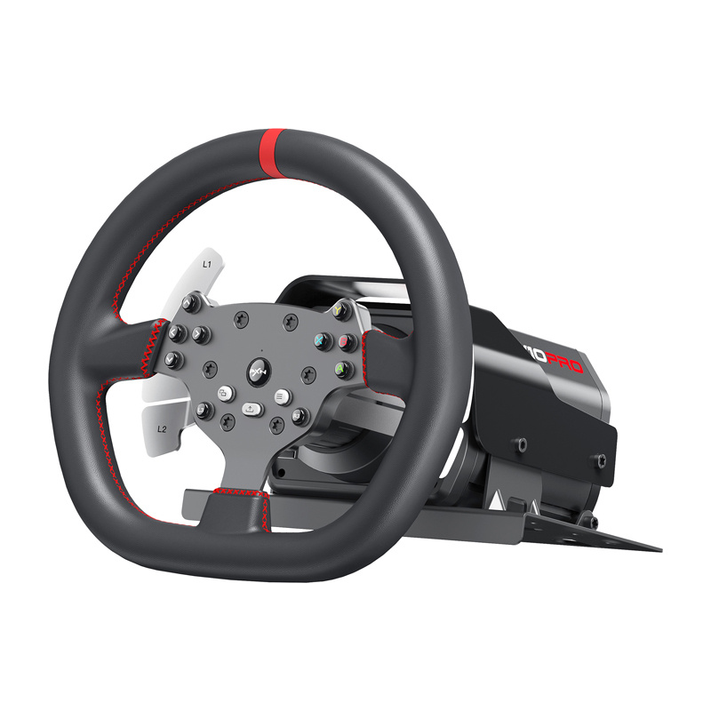 Volante da corsa nero con cuciture rosse, pulsanti di controllo e paddle in metallo davanti a una base grigia.