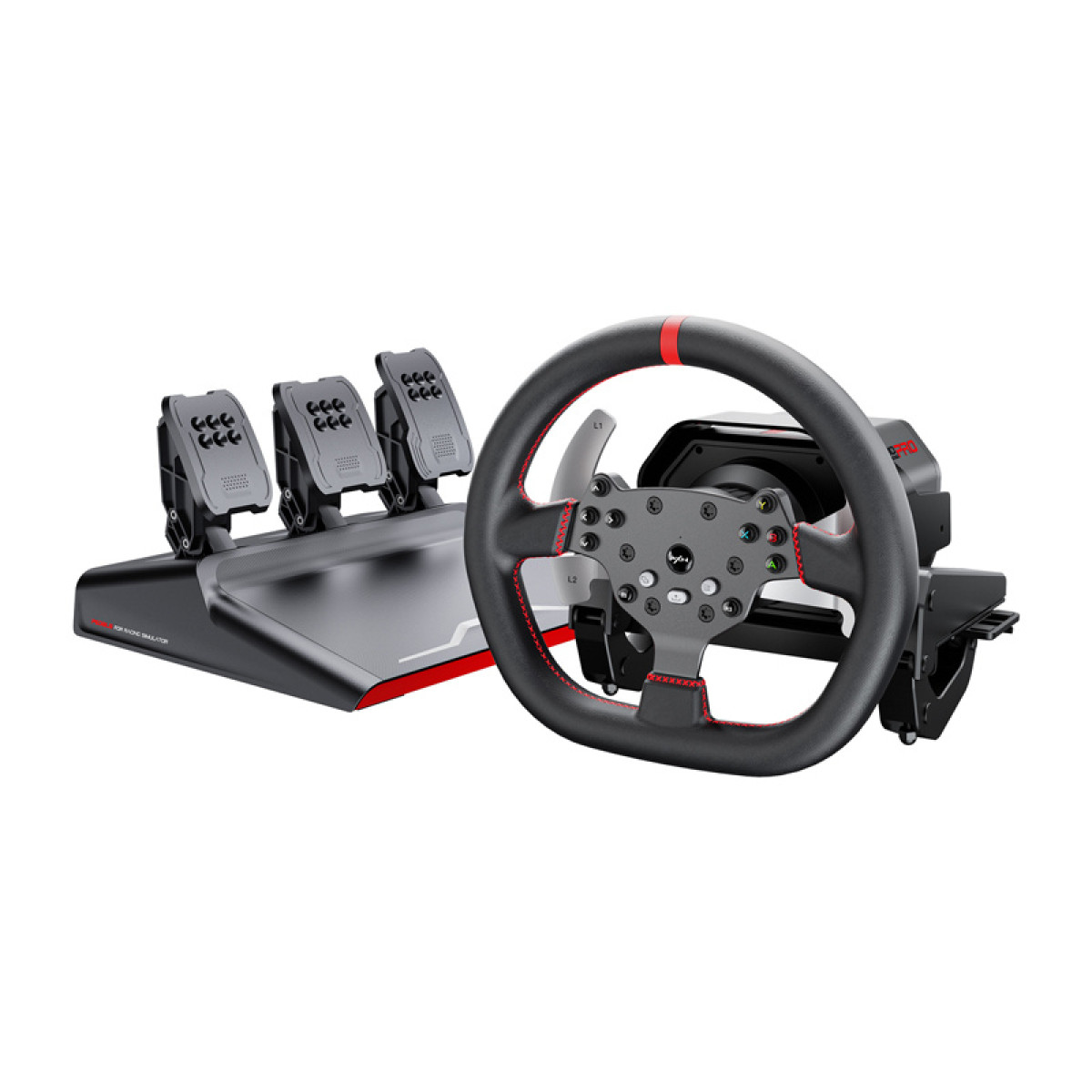 Un volante da corsa nero con cuciture rosse e tre pedali su una base.