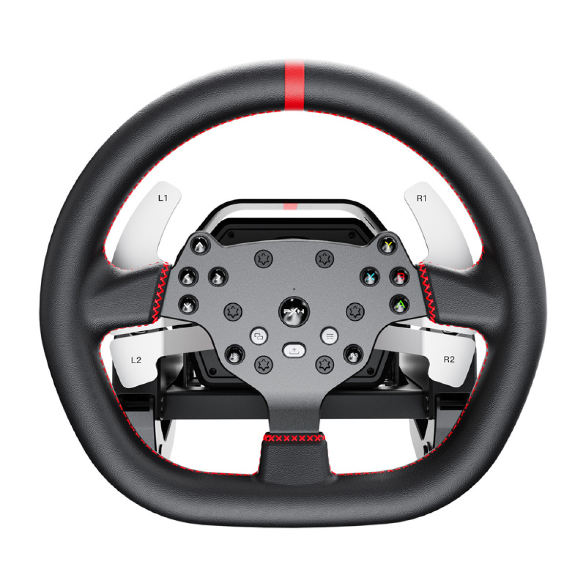 Volante da corsa nero con cuciture rosse, pulsanti e paddle argentati su sfondo bianco.