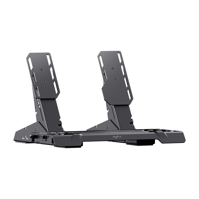 Un supporto per pedali da gioco in metallo nero con due bracci di supporto verticali su base piatta, sfondo bianco.