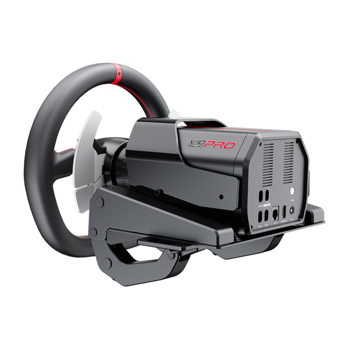 Volante da sim racing nero con logo V10 PRO, dettagli rossi e morsetto da tavolo su sfondo bianco.