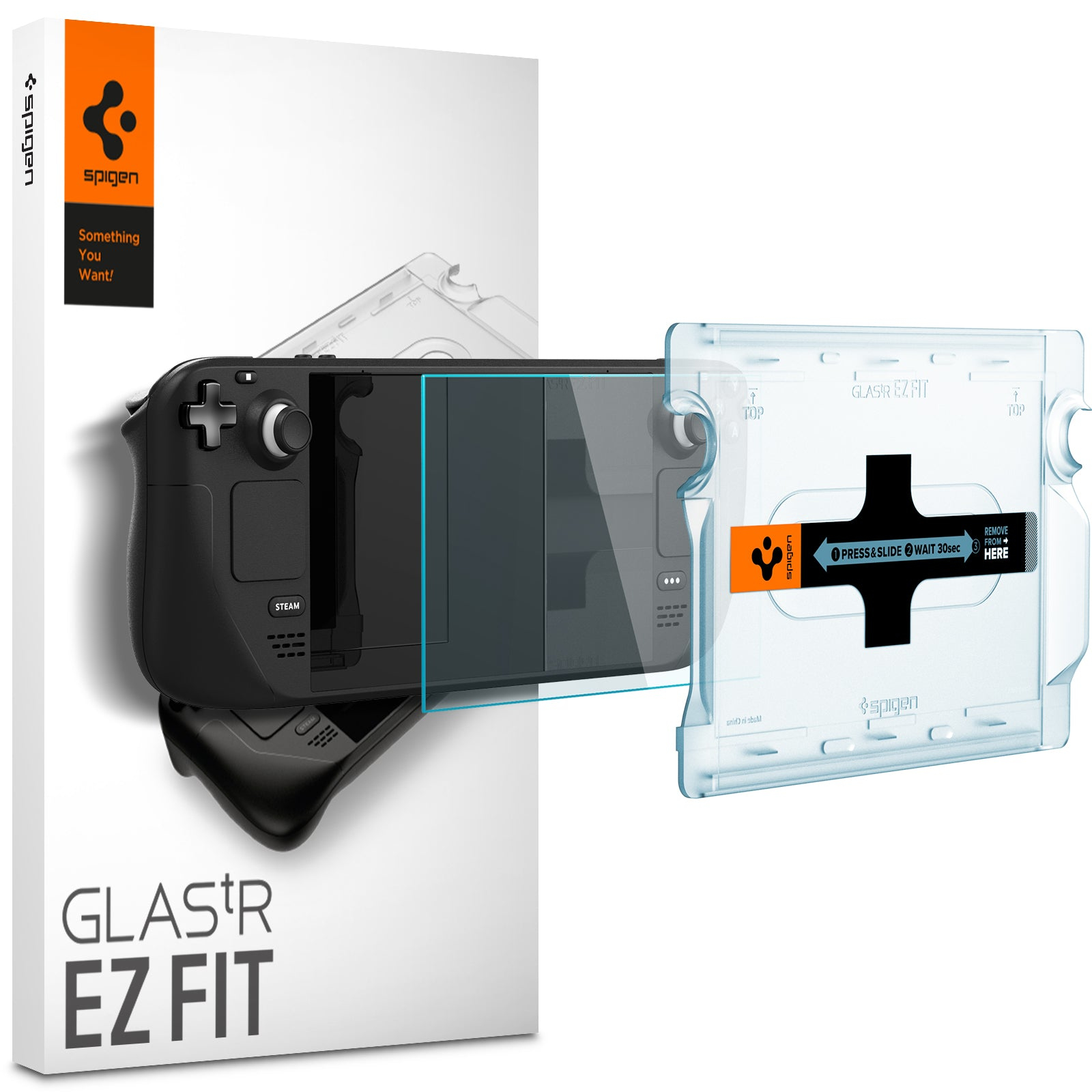 Pellicola protettiva Spigen Glas.tR EZ FIT con vassoio di installazione per Steam Deck su confezione bianca.