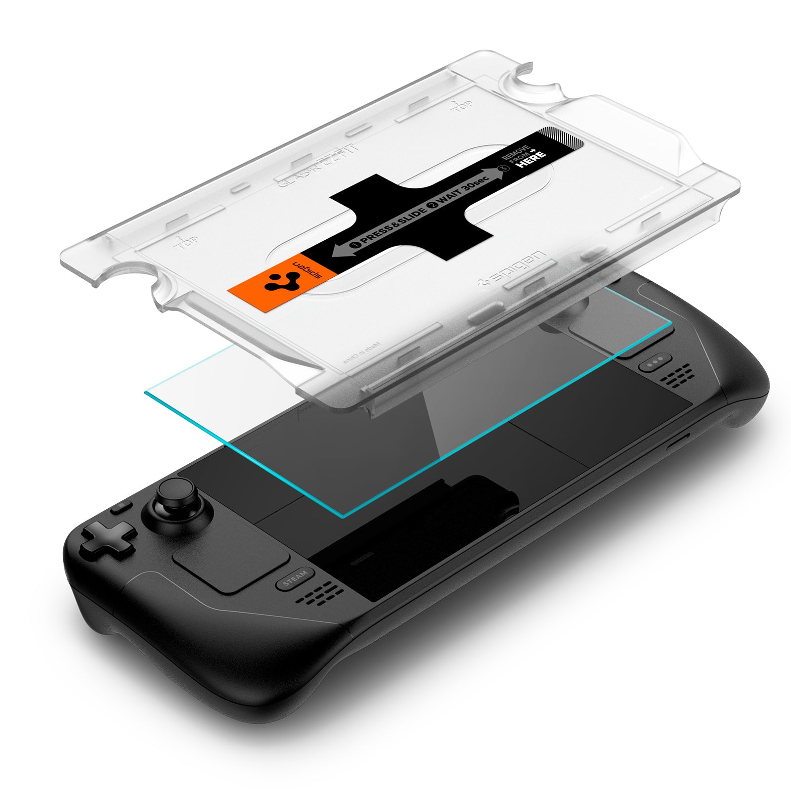 Un vassoio di installazione per pellicola protettiva fluttua sopra una console di gioco portatile nera.