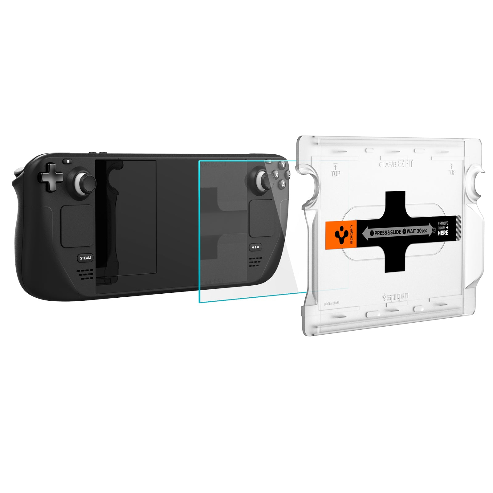 Console portatile nera con schermo accanto a un vassoio di installazione.