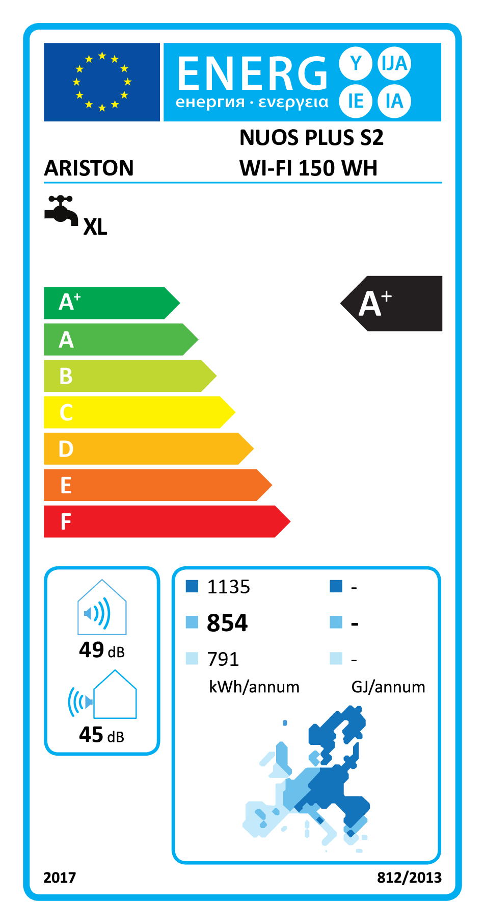 Etiqueta de eficiencia energética para Ariston Nuos Plus S2 Wi-Fi 150 WH, clase A+.