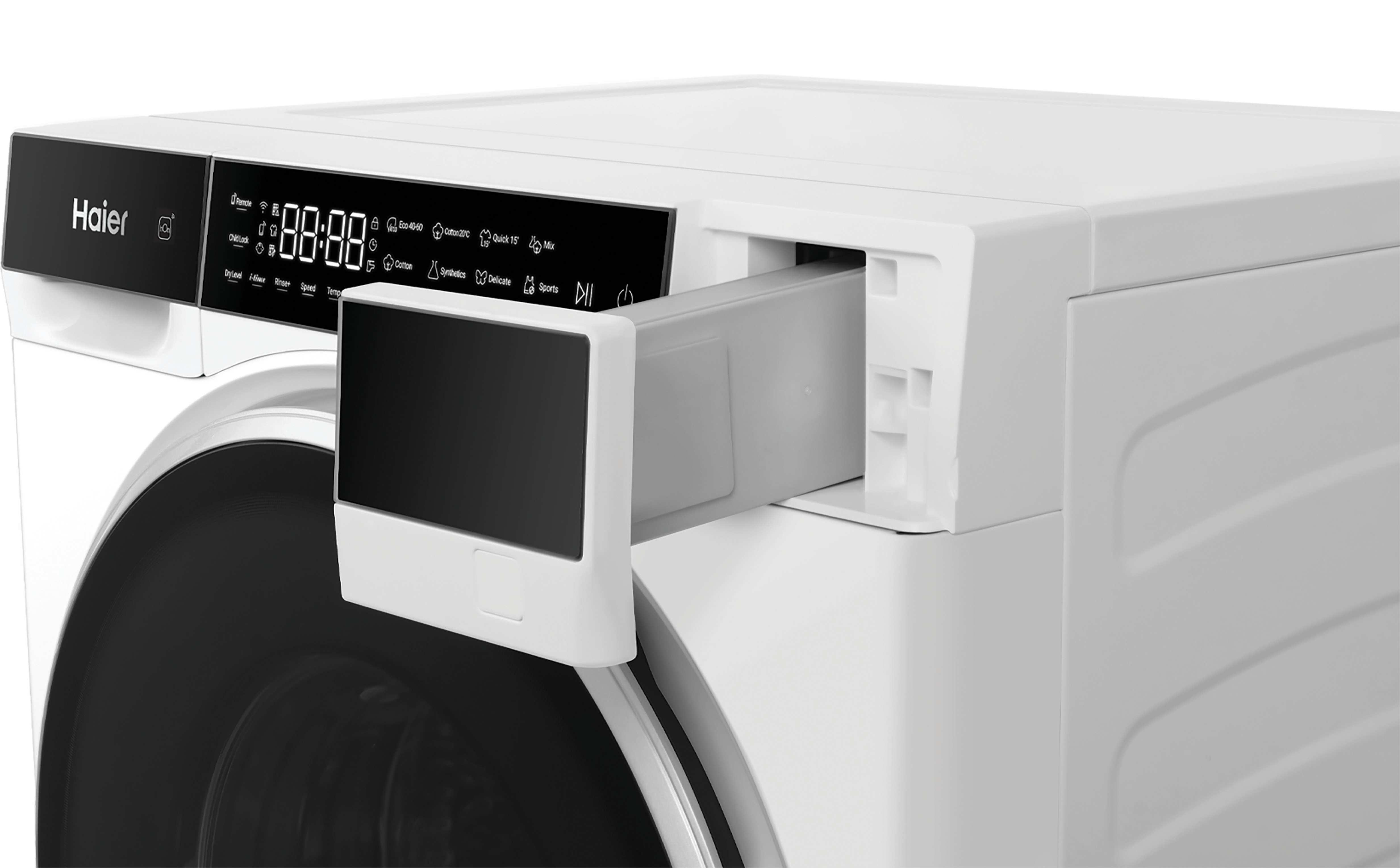 Lavadora Haier con cajón dispensador de detergente extendido y pantalla digital.