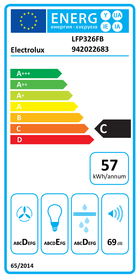Etichetta energetica Electrolux che mostra la classe C con 57 kWh/anno e 69 dB.