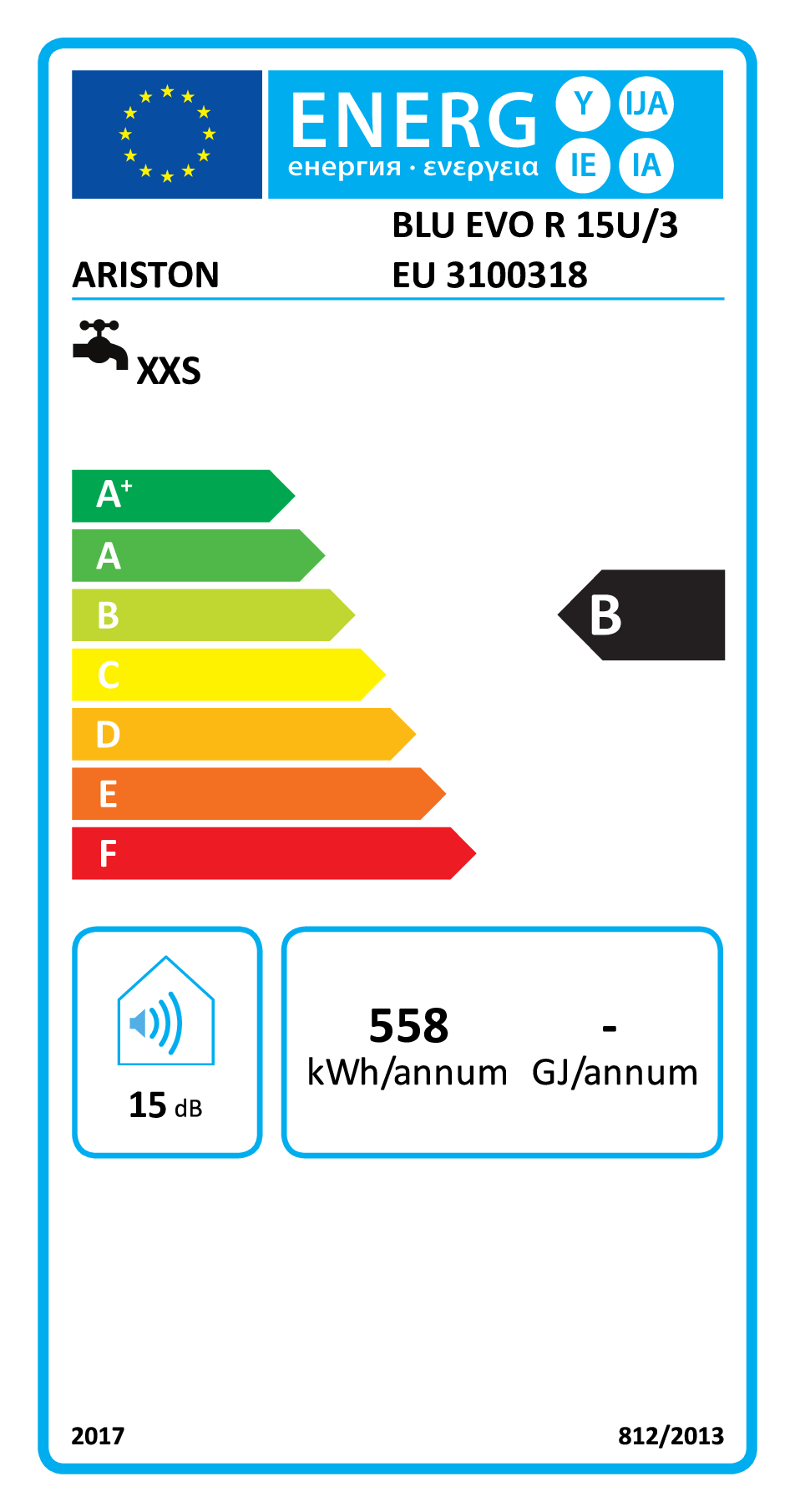 Etichetta energetica UE per ARISTON BLU EVO R 15U/3 EU 3100318, classe B e 558 kWh/anno.