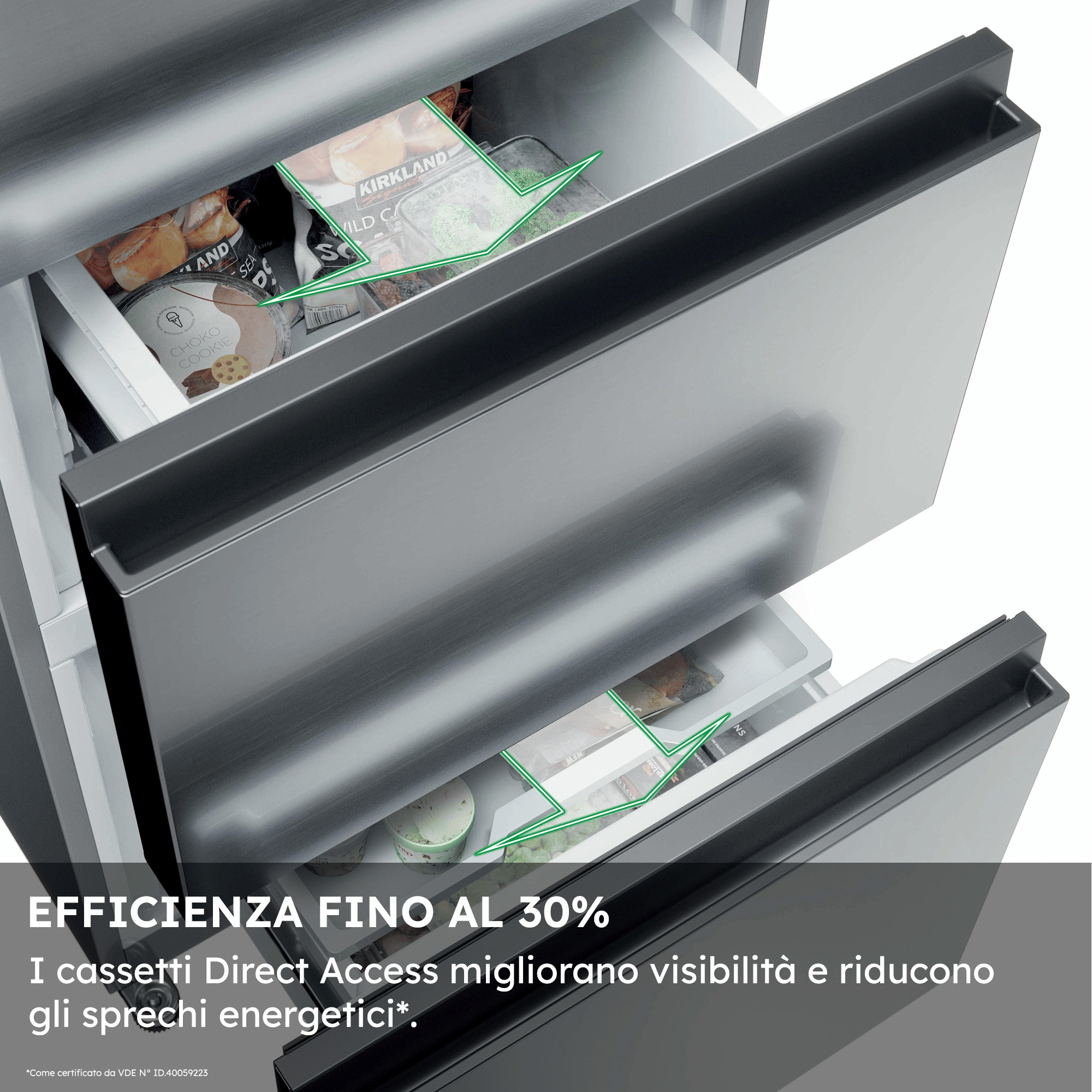 Cajones de congelador abiertos con alimentos y flechas verdes indicadoras.