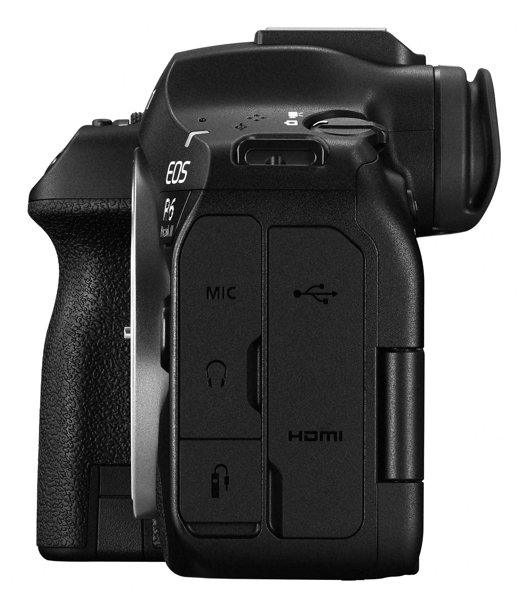 Vista laterale di una fotocamera digitale nera con attenzione agli sportelli delle porte per microfono, cuffie, USB e HDMI.