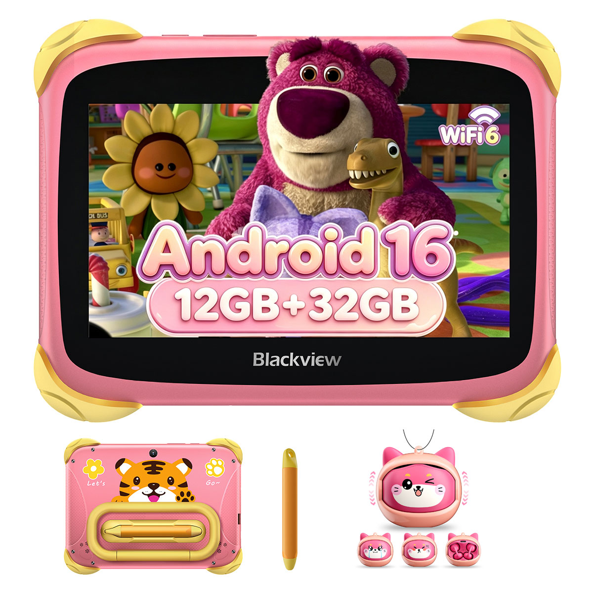 Rosa Kinder-Tablet mit Cartoon-Figuren auf dem Bildschirm, Stift und pinkem Gehäuse mit niedlichen Tiermotiven.