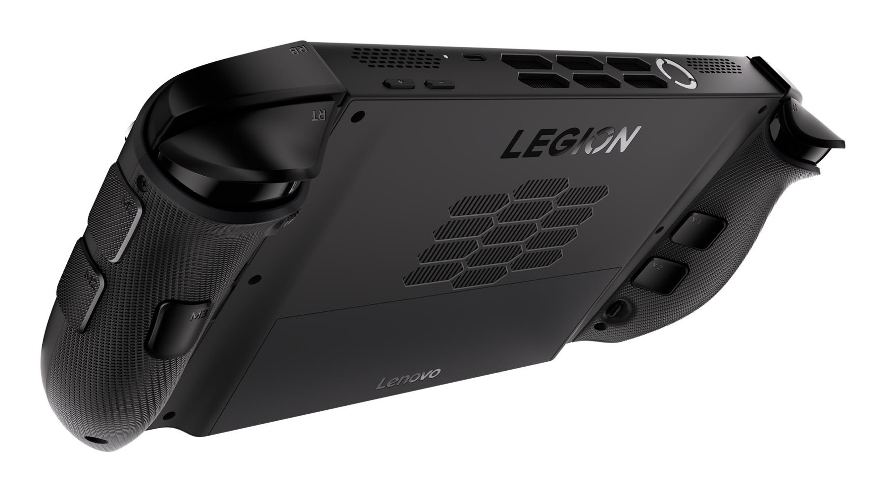 Vista posteriore di una console portatile Lenovo Legion nera, con pulsanti, porte e il logo Legion.