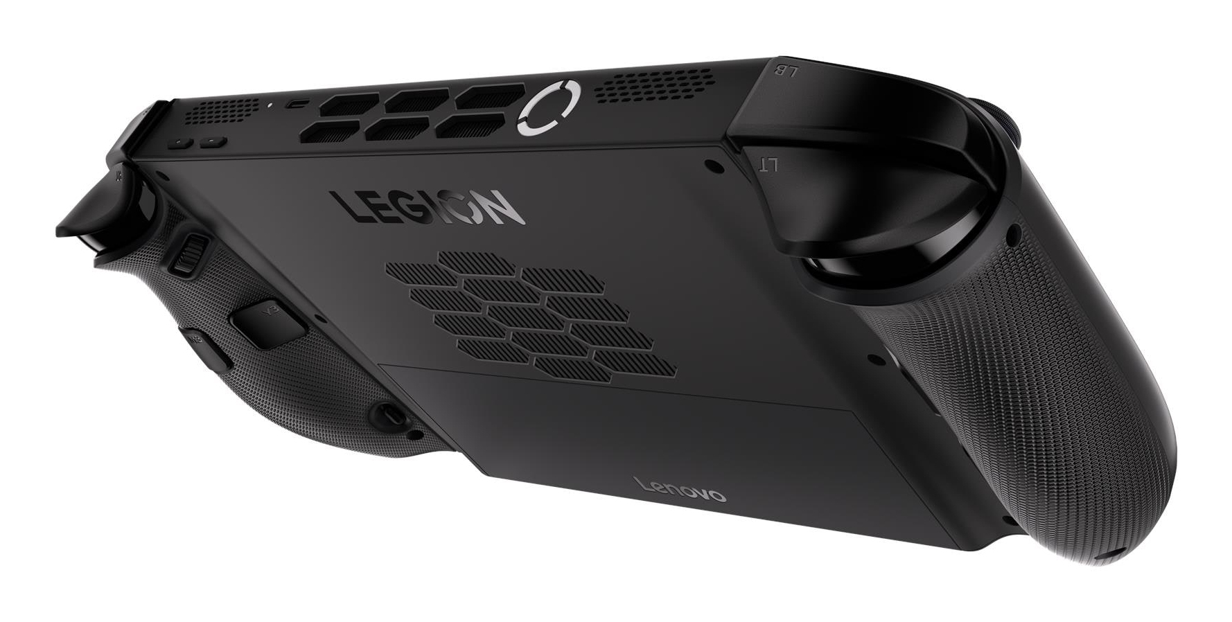 Vista posteriore di una console di gioco portatile Lenovo Legion nera, con impugnature testurizzate, pulsanti e ventole.