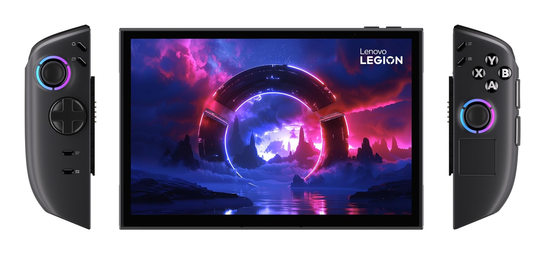 Console portatile Lenovo Legion Go con controller staccabili e sfondo futuristico.