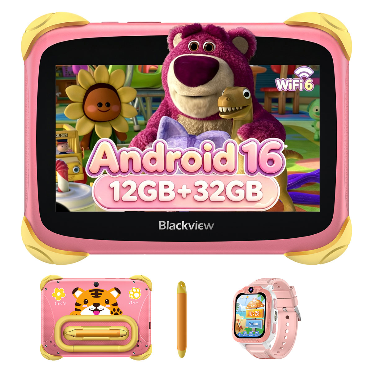 Ein rosafarbenes Kinder-Tablet mit Cartoon-Figuren, Tiger-Hülle, Eingabestift und rosafarbener Smartwatch.