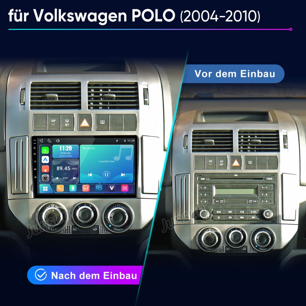 Vergleich der VW Polo Mittelkonsole vor und nach dem Einbau eines Touchscreen-Radios.