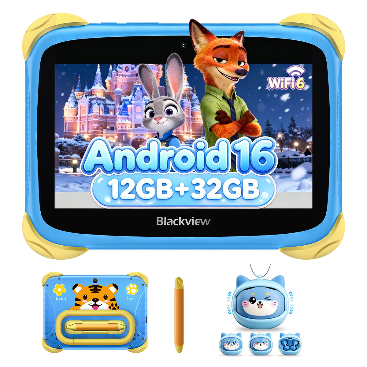 Kinder-Tablet mit blauem Gehäuse, Zootropolis-Display, Stift und Zubehörteilen.