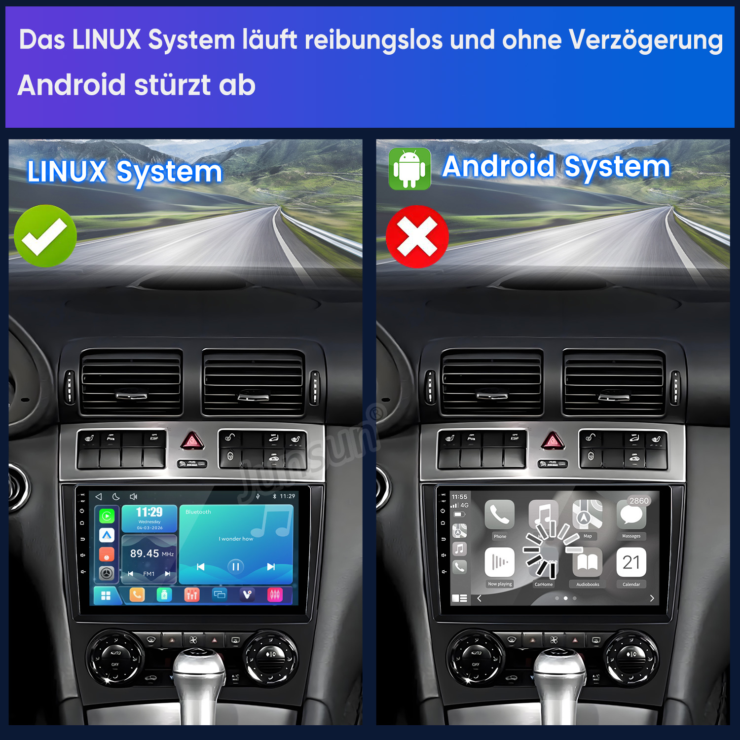 Vergleich zweier Autosysteme: Linux läuft reibungslos mit grünem Haken, Android stürzt mit rotem Kreuz ab.
