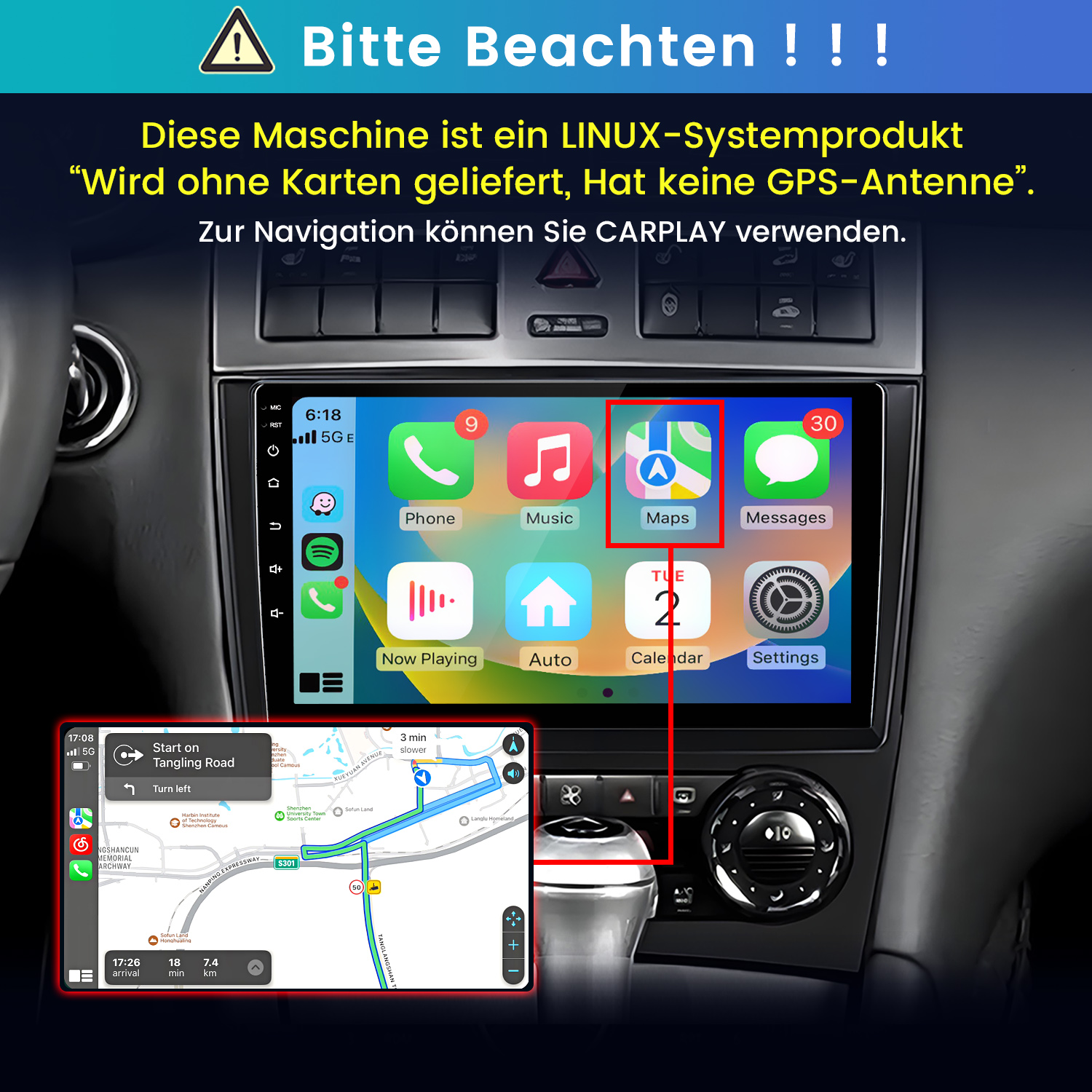 Autoinnenraum mit Carplay-Infotainment-Display, das die Apps und eine Navigationskarte anzeigt.