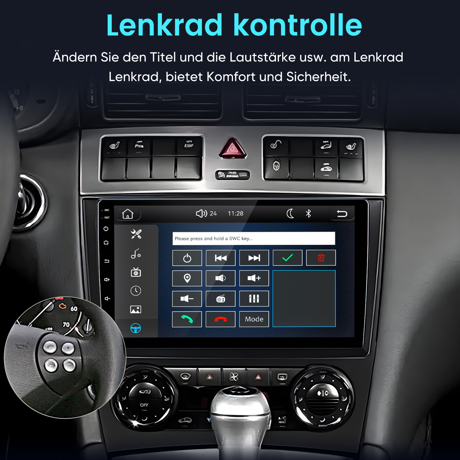 Autocockpit mit Touchscreen-Mediaplayer und Lenkradfernbedienung.