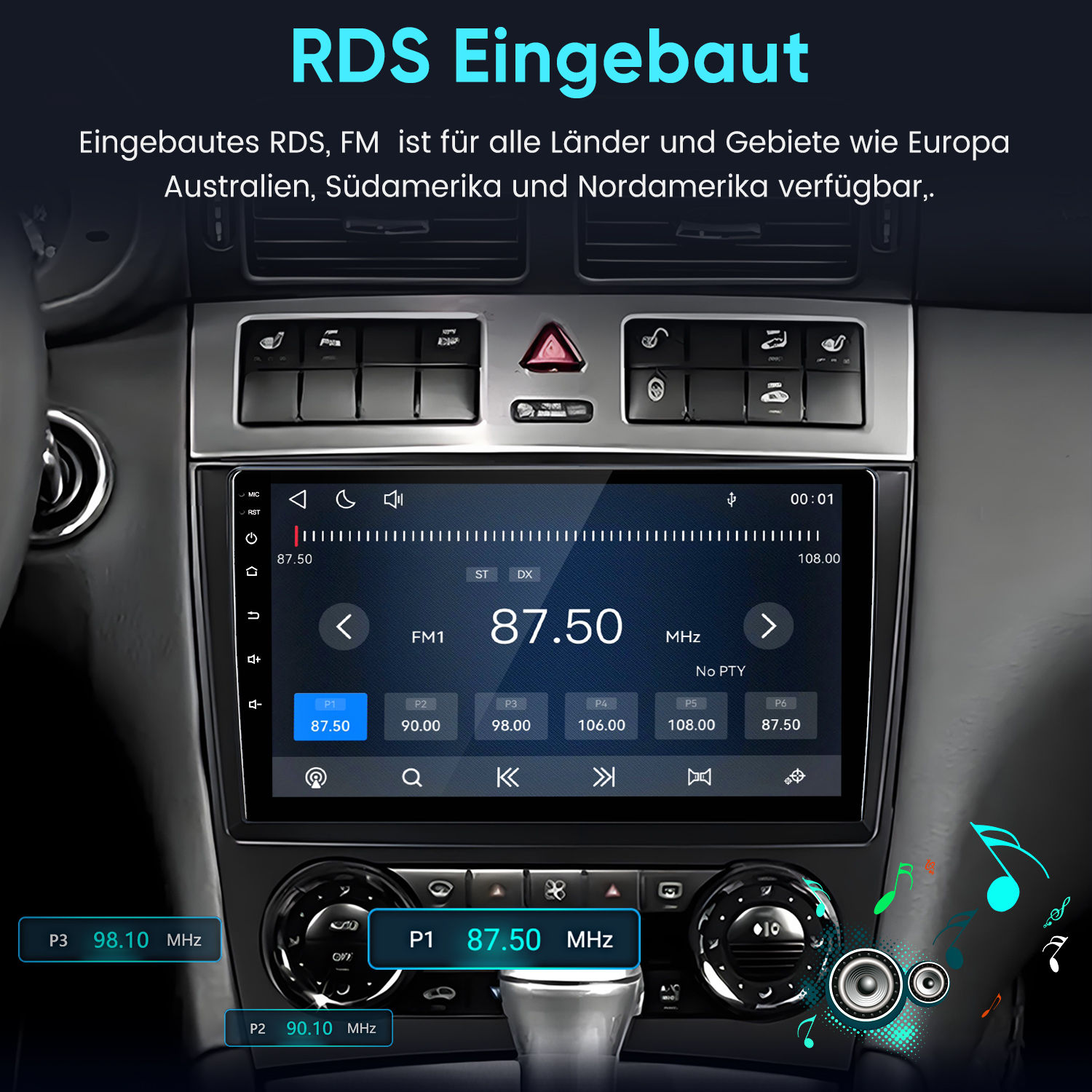 Ein Car-Audio-System im Armaturenbrett zeigt die FM-Radio-Frequenz 87,50 MHz auf einem Touchscreen.