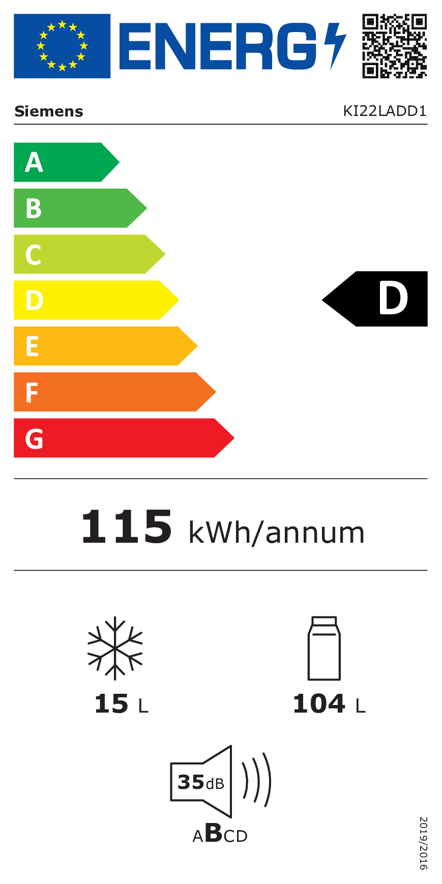 Etichetta energetica Siemens D, 115 kWh/anno, 15 L, 104 L, 35 dB.