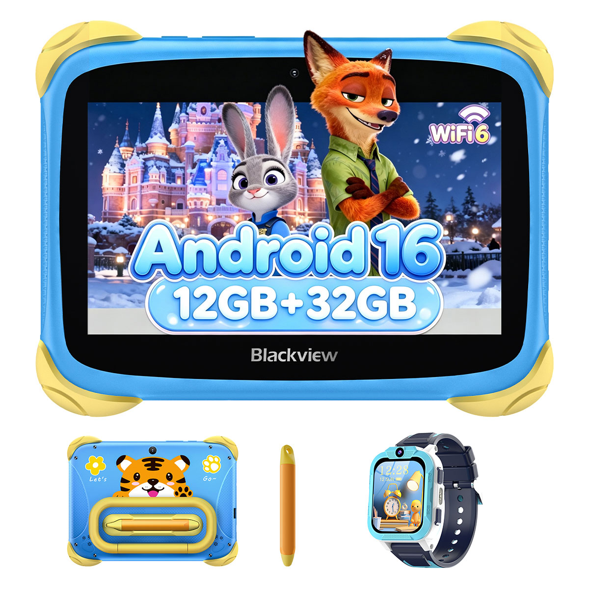 Ein blauer Kinder-Tablet-PC mit Schutzhülle zeigt Zootopia-Charaktere, unten sind eine Hülle, ein Stift und eine Uhr zu sehen.