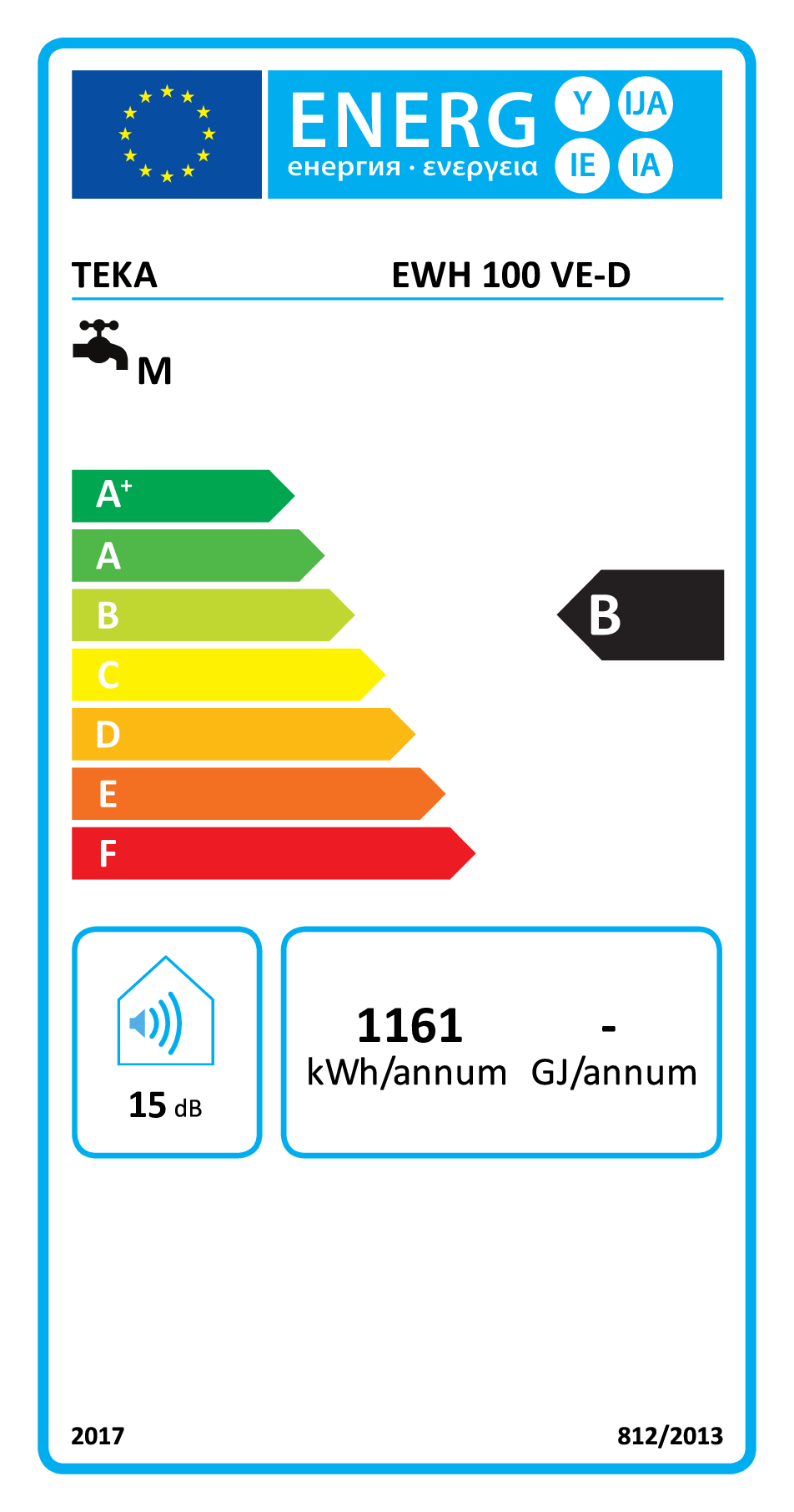 Etiqueta de eficiencia energética para Teka EWH 100 VE-D de clase B y 1161 kWh/año.