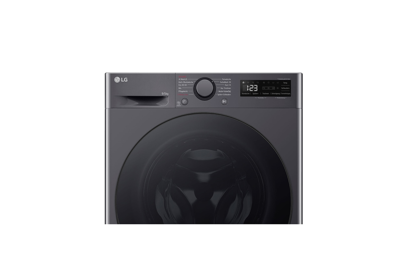 Frontalansicht einer modernen dunklen LG Waschmaschine mit digitalem Display und Drehknopf auf weißem Hintergrund.