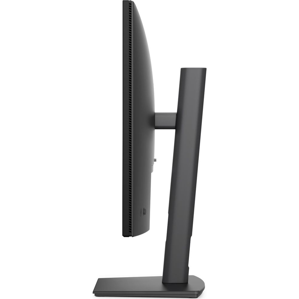 Vista laterale di un monitor per computer nero su supporto regolabile, su sfondo bianco.