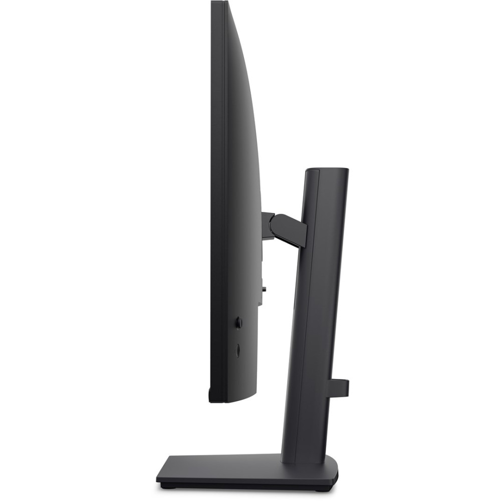 Vista laterale di un monitor per computer nero su supporto regolabile con sfondo bianco.