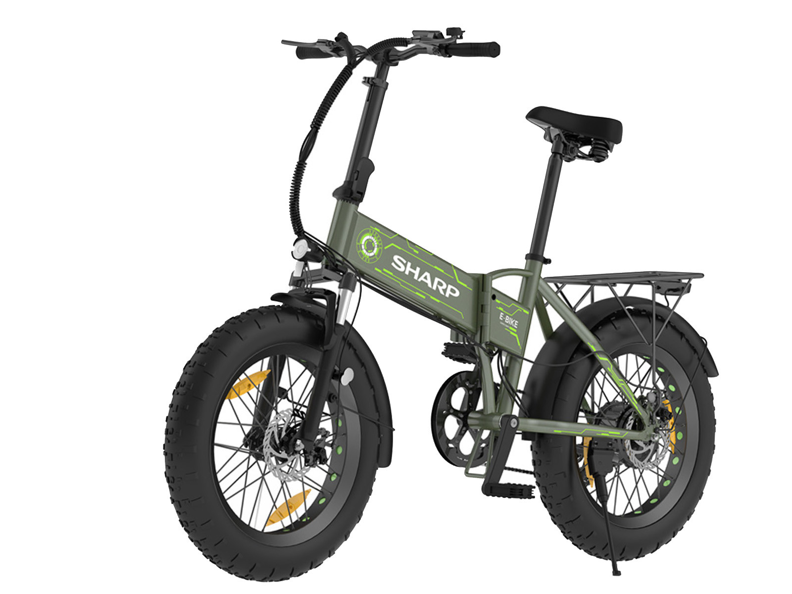 Grünes Sharp Elektro-Klappfahrrad mit dicken Reifen und Gepäckträger auf weiłem Hintergrund.