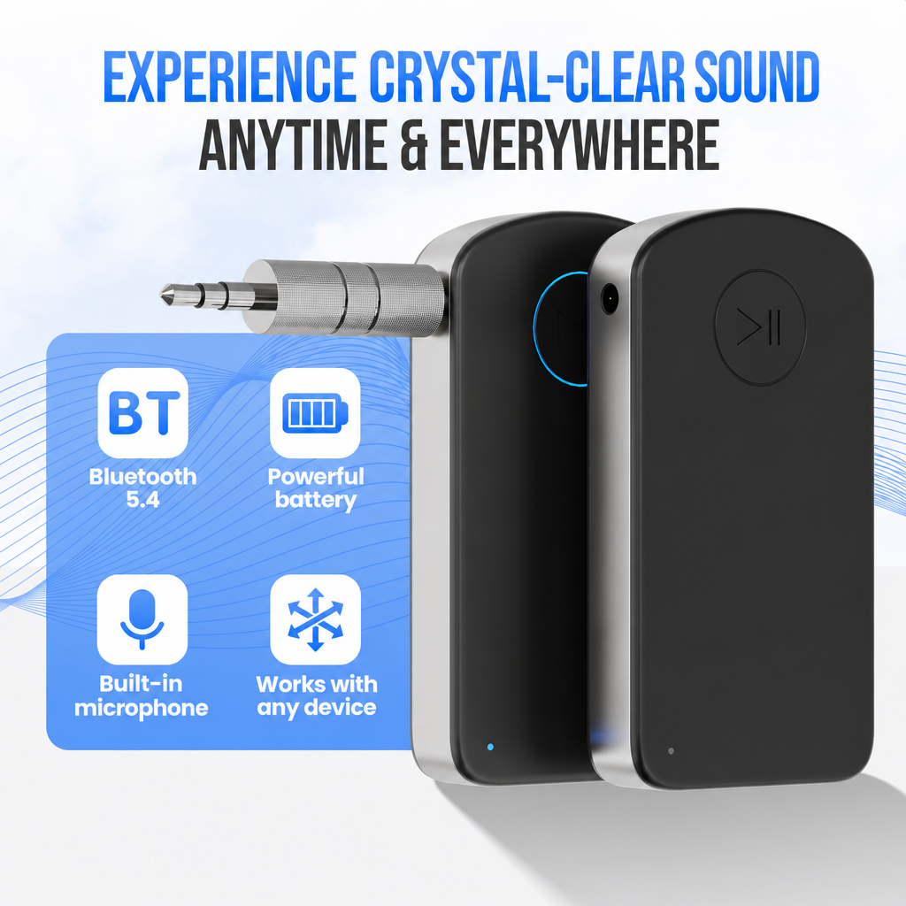 Ricevitore Bluetooth 5.4 nero con jack audio, icone e testo.