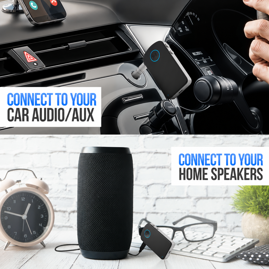 Un adattatore Bluetooth nero collegato all'aux di un'auto e a una cassa domestica.