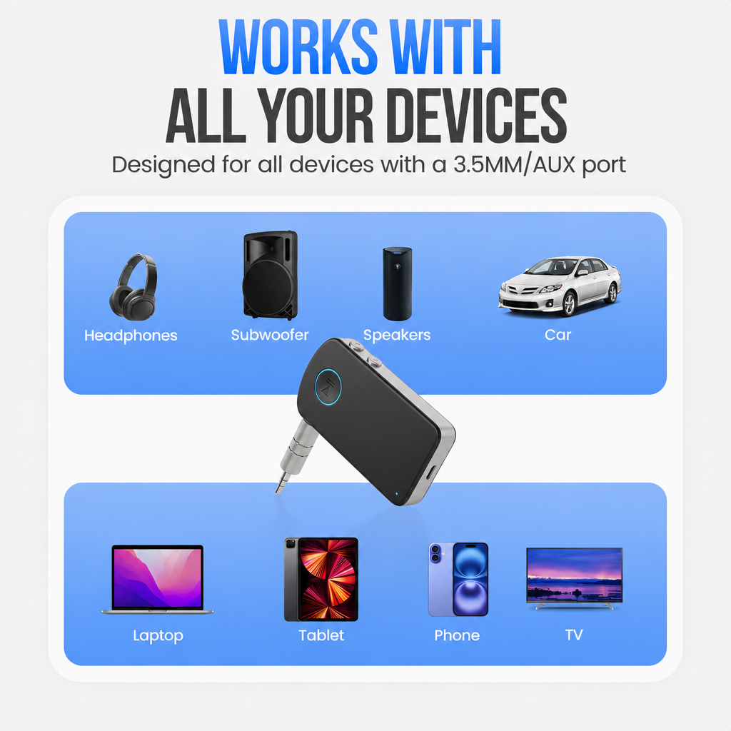 Un adattatore Bluetooth con jack da 3,5 mm mostra dispositivi compatibili come cuffie, laptop e auto.