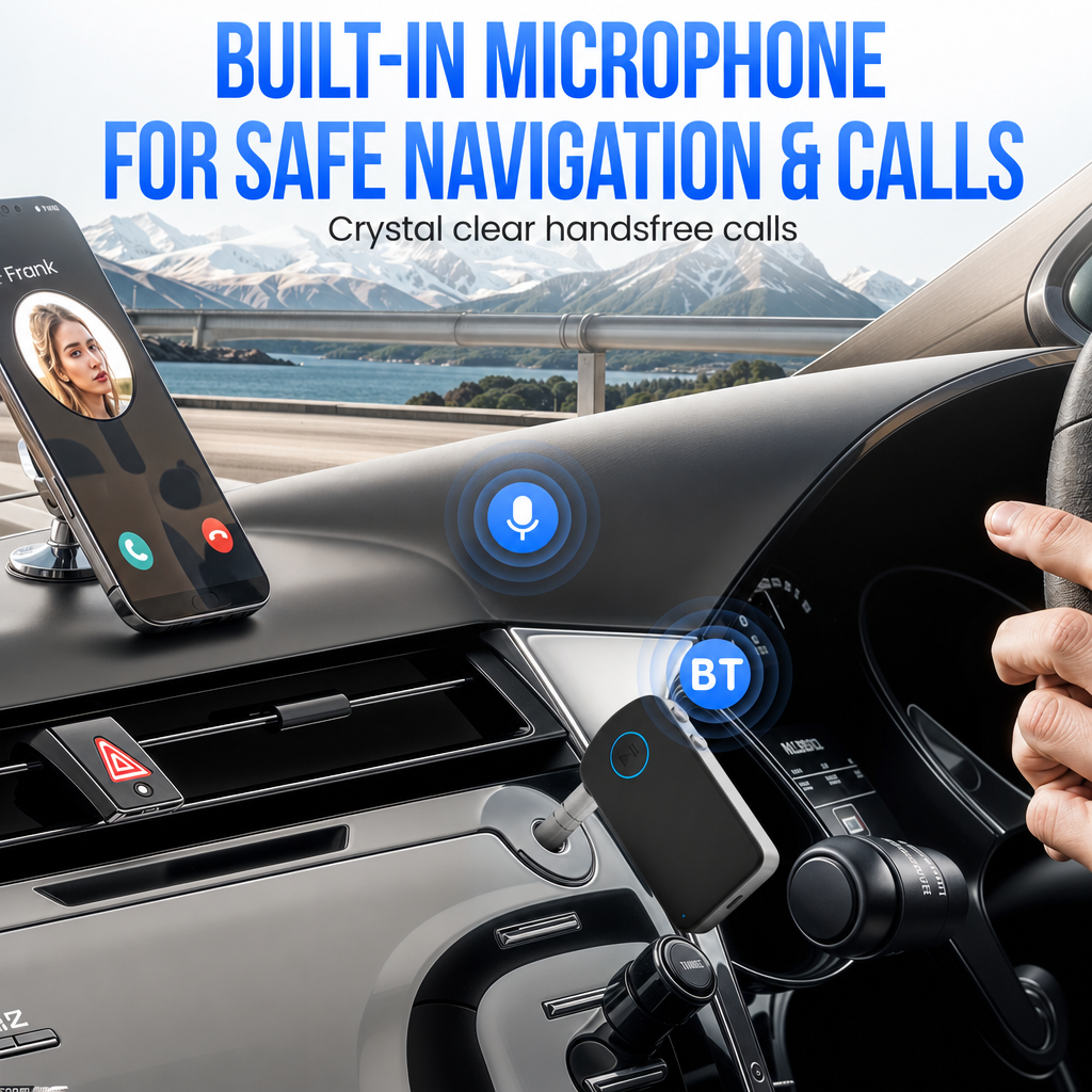 Interno auto con adattatore Bluetooth, smartphone sul supporto e montagne sullo sfondo.