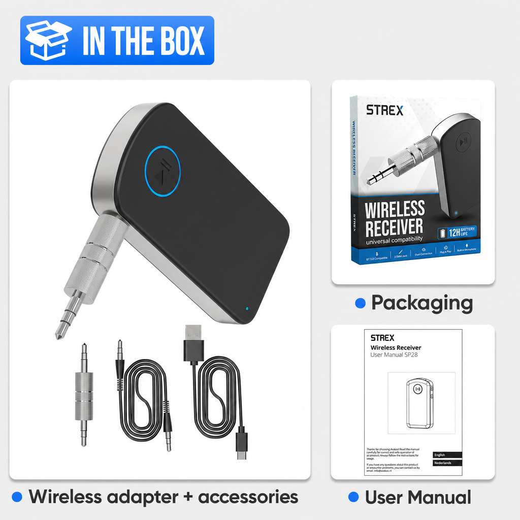 Ricevitore wireless Strex con adattatore, cavi, confezione e manuale.