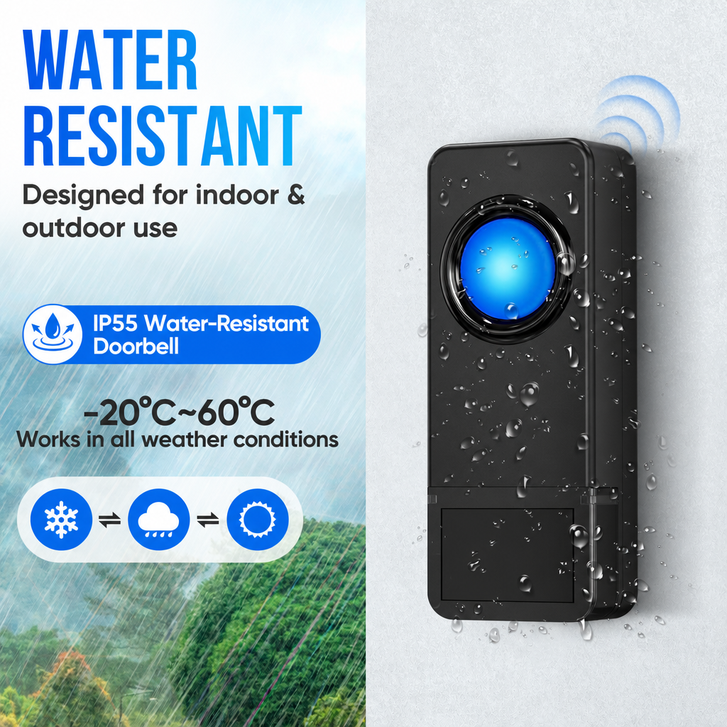 Une sonnette étanche IP55 noire avec une lumière bleue lumineuse sur un mur texturé avec des gouttes d'eau.