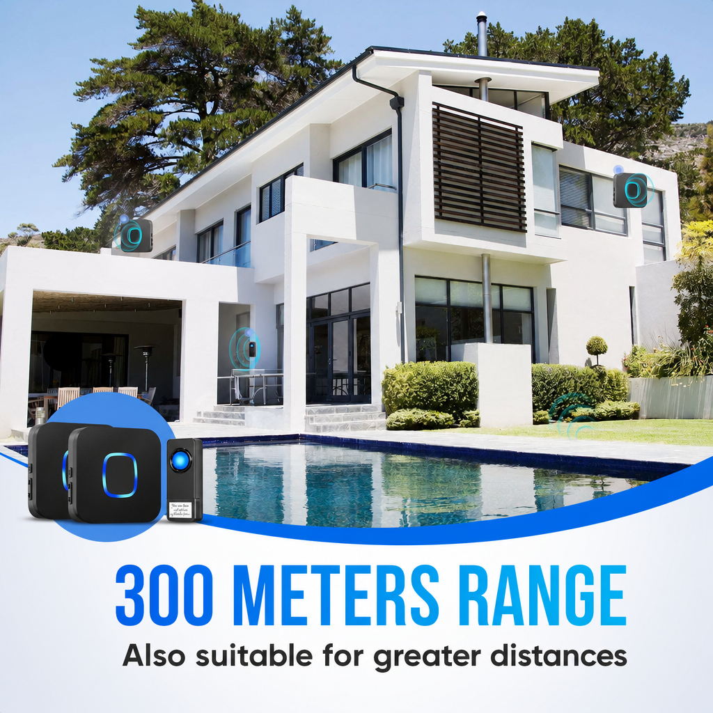 Une maison blanche moderne avec piscine, appareils sans fil et texte sur une portée de 300 mètres.