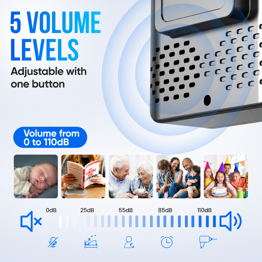 Affichage de 5 niveaux de volume de 0 à 110 dB avec des icônes pour divers scénarios.