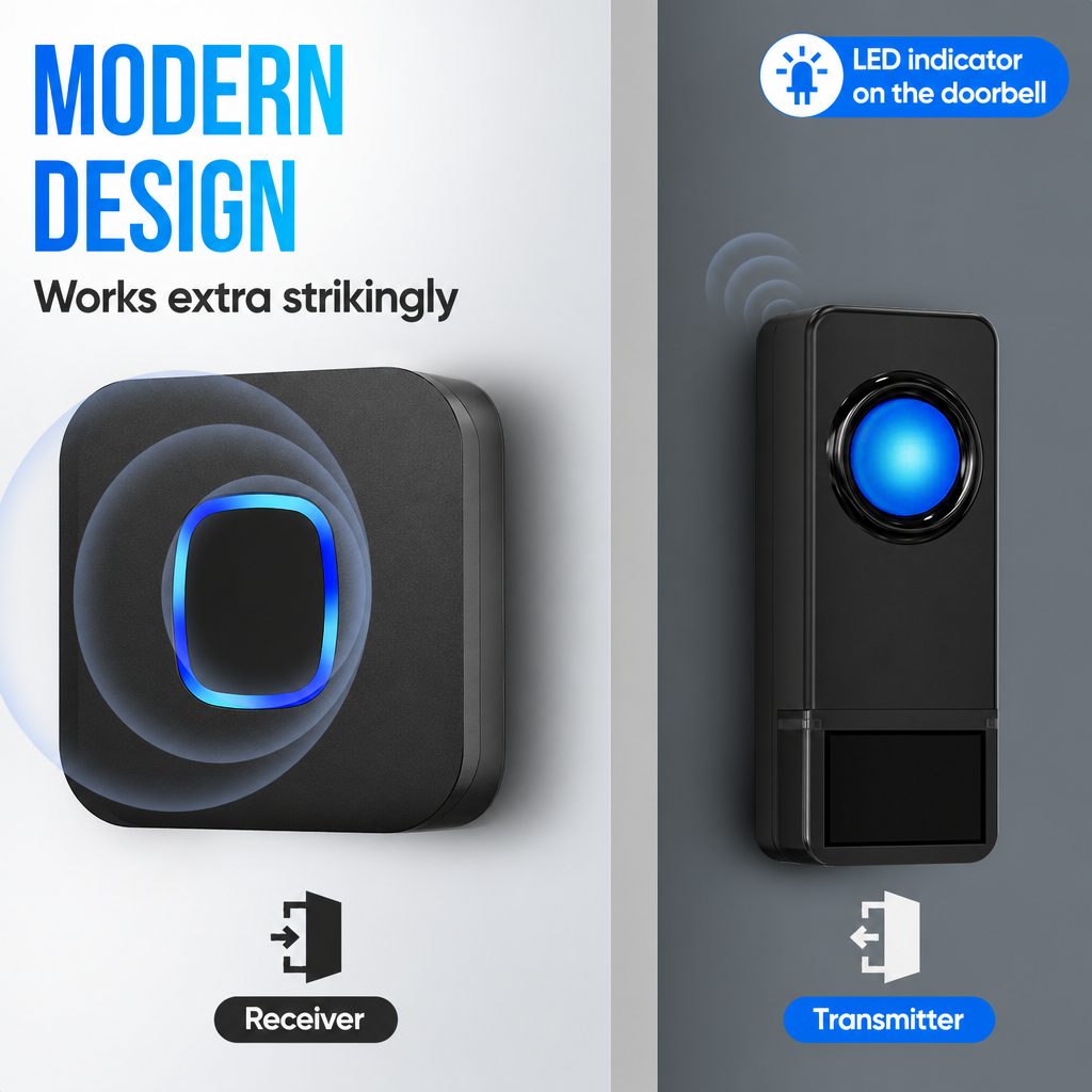 Sonnette sans fil noire moderne avec indicateur LED bleu, comprenant un recepteur et un emetteur.