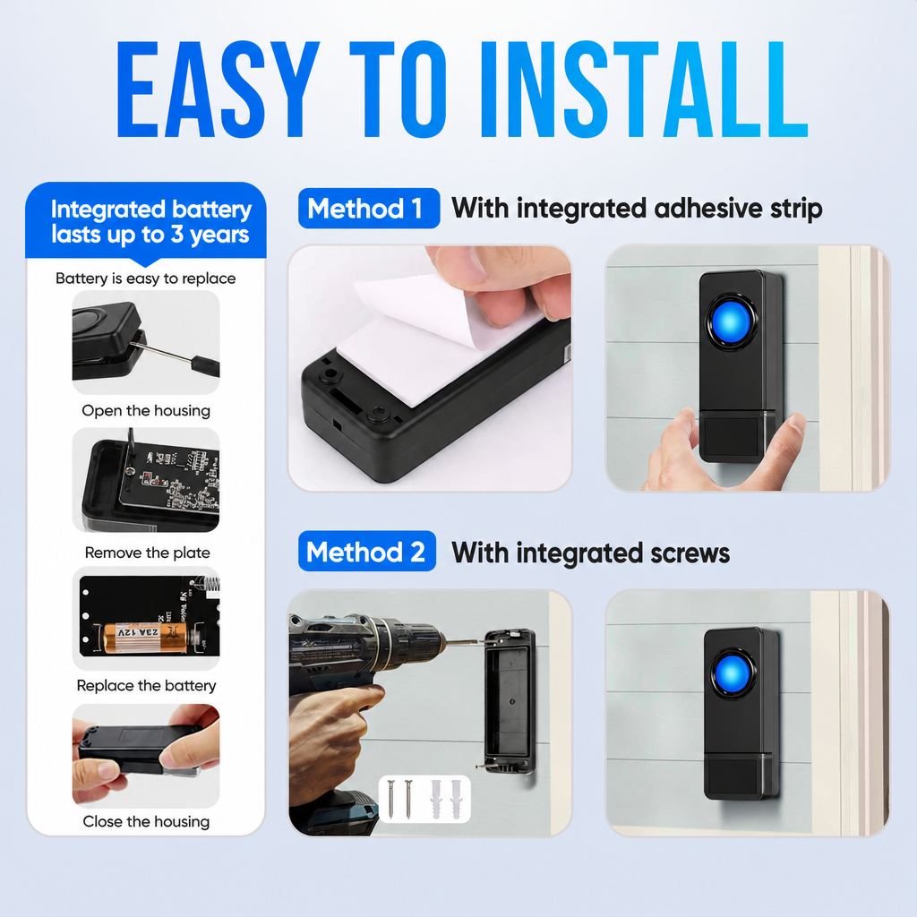 Schéma explicatif pour installer et changer les piles d'un appareil noir avec voyant bleu.