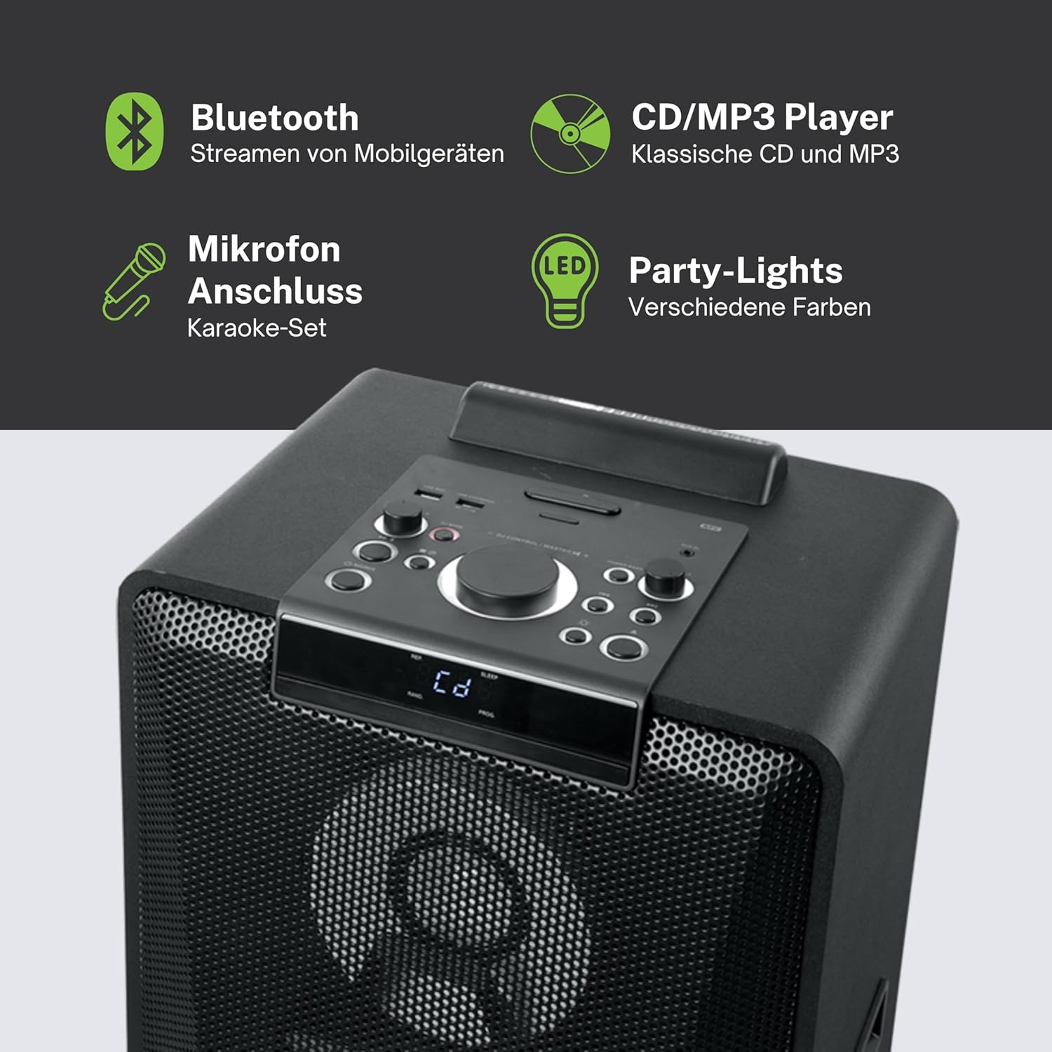Ein schwarzer Party-Lautsprecher mit Bluetooth, CD-Player, Mikrofoneingang und LED-Lichtern.