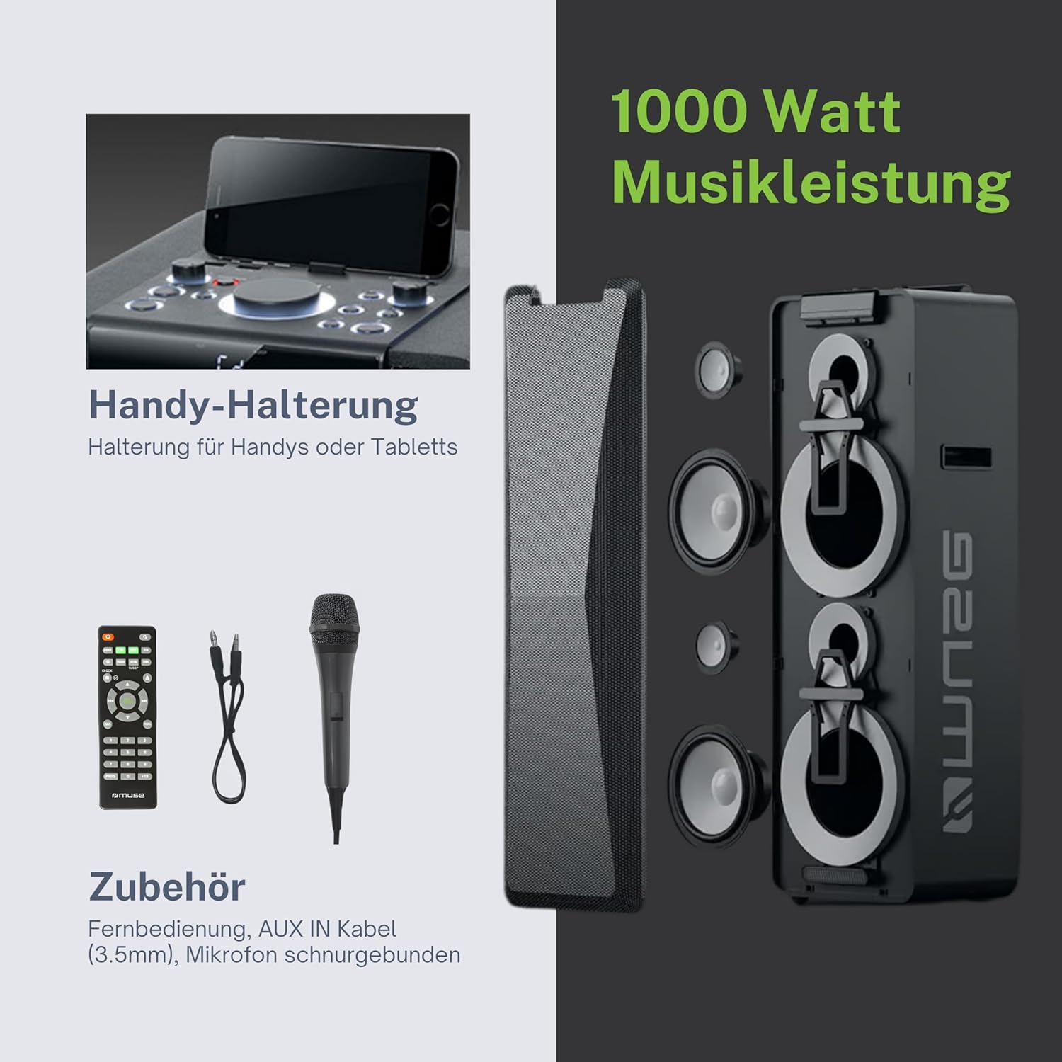Lautsprecher mit 1000W, Handyhalterung, Fernbedienung, AUX-Kabel und Mikrofon.