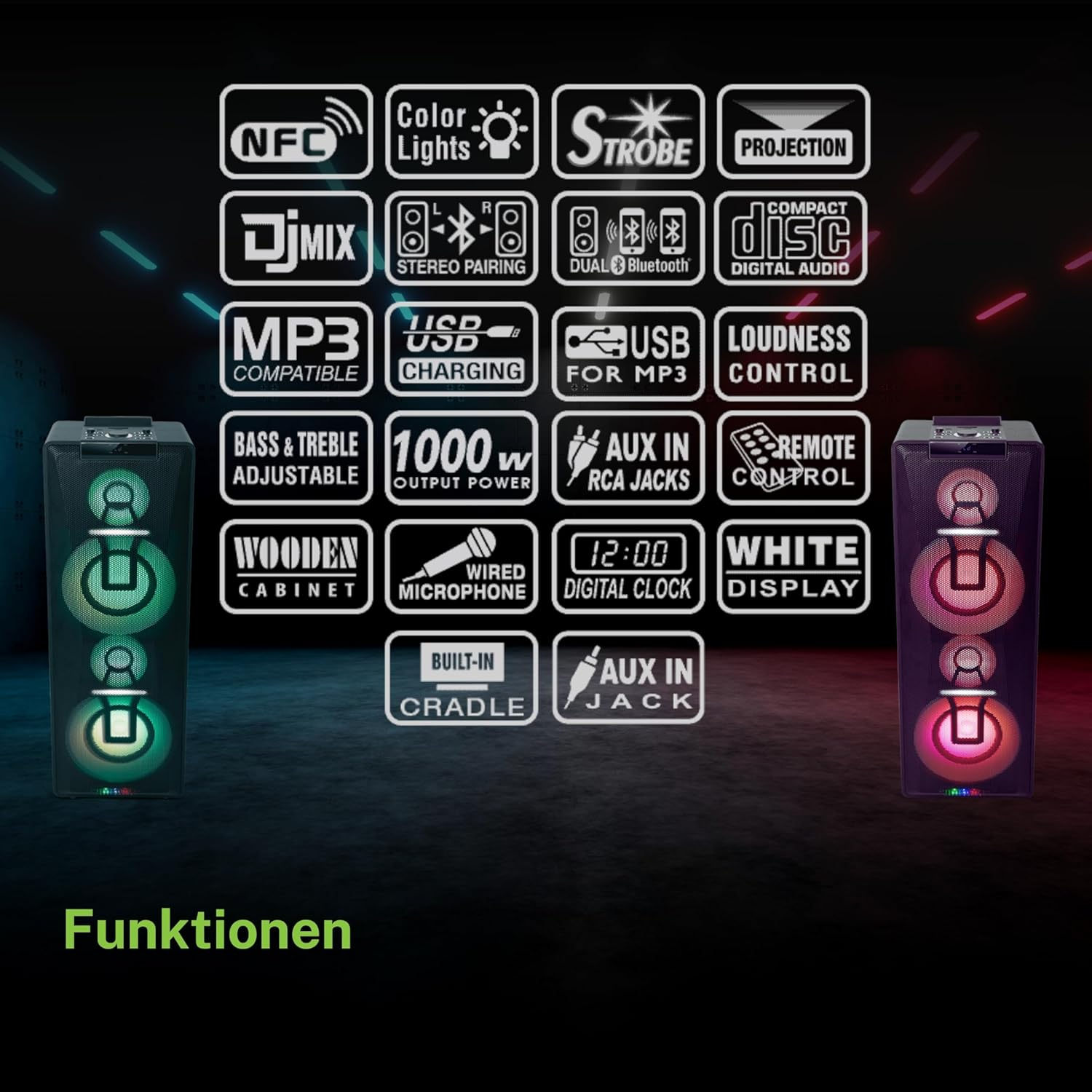 Zwei beleuchtete Partylautsprecher umgeben von Funktionssymbolen auf dunklem Hintergrund.