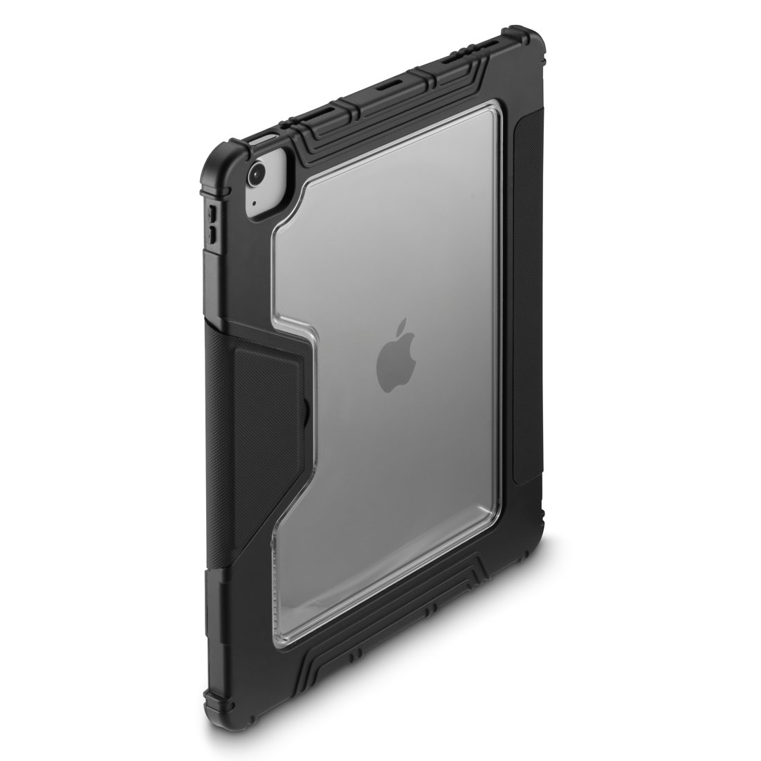 Czarne, wytrzymałe etui na tablet z przezroczystymi pleckami i logo Apple na białym tle.